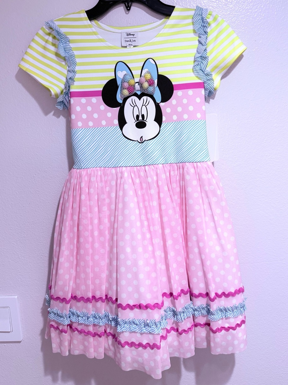 Pippa & Julie Girls Minnie Bow Polka Dot Striped Dress - Pink, Yellow, Blue